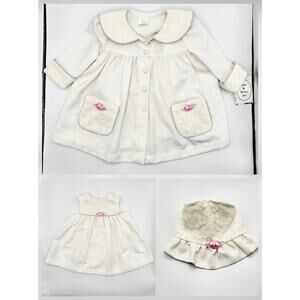 NWT Vintage BT Kids Cream Floral & Lace Detailing 3pc Coat Dress Hat Set Sz 12M